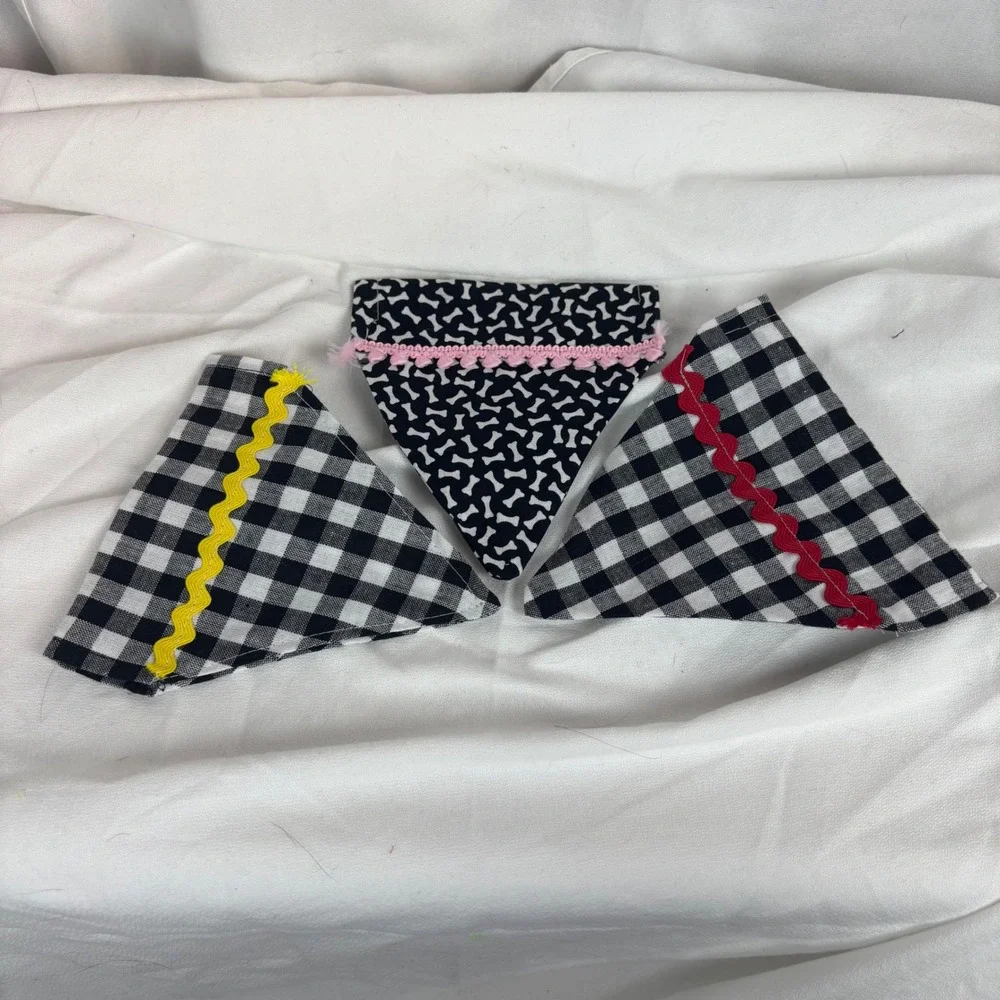 Handmade Dog Bandana Set of 3 Check blk/wht Bone Print Rickrack Trim‎ Sz S